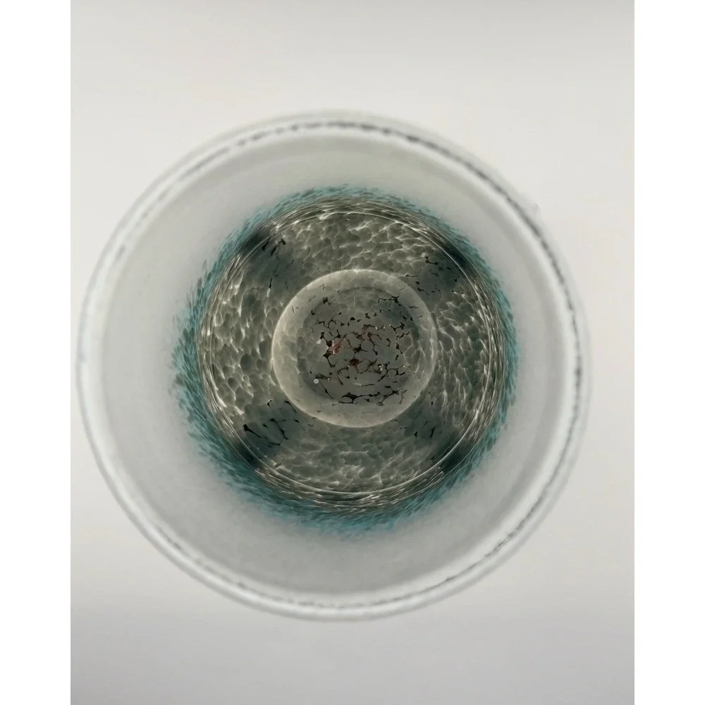 Frosted Ombre Glass Vessel with Wooden X-Base Stand White Blue Coastal Decor